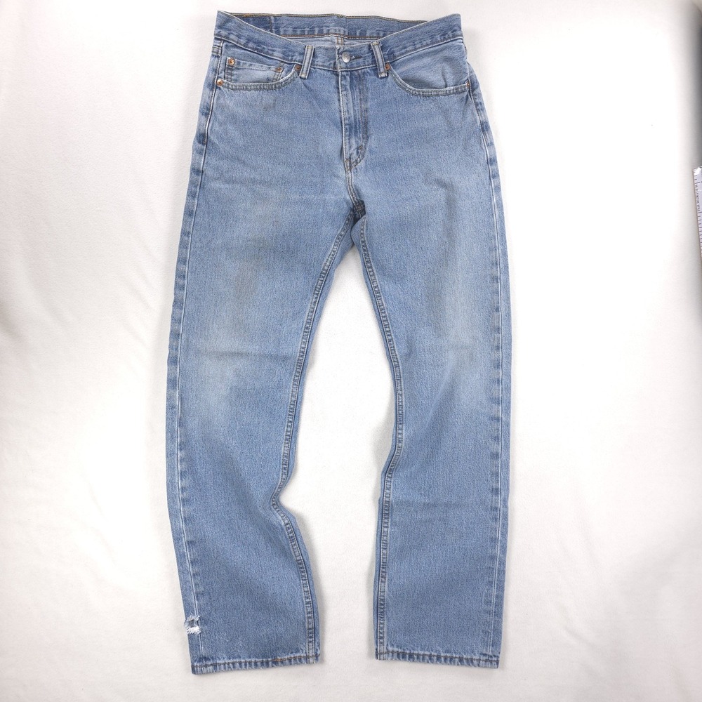 Levis 505 Jeans Mens 34x34 Light Wash Blue Straight Distressed Denim Casual
